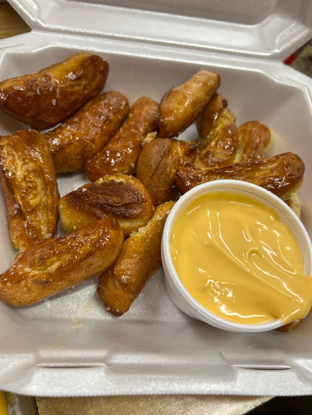Pretzel Bites with Cheese Sauce.