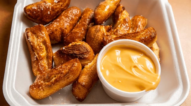 Pretzel Bites with Cheese Sauce.